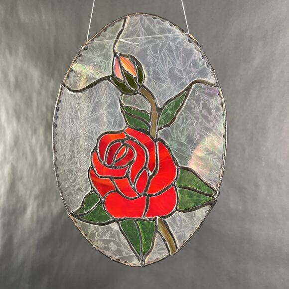 Handmade Stained Glass Red Rose w/Bud Window Hanger 9x7” VTG Floral Panel - Picture 5 of 7